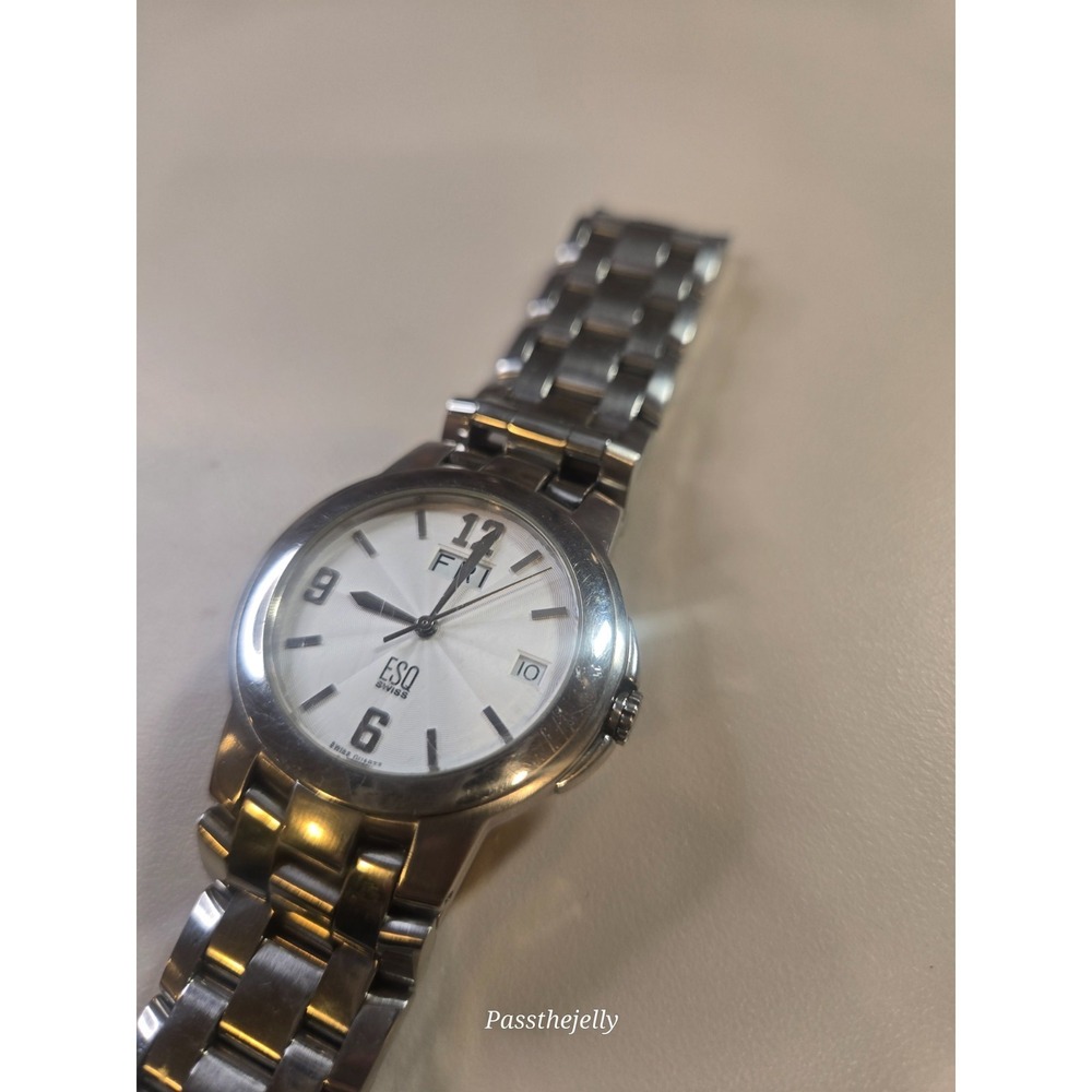 ESQ Swiss Watch Mens White Sunburst Dial Date Stainless Steel Quartz Dress Wrist